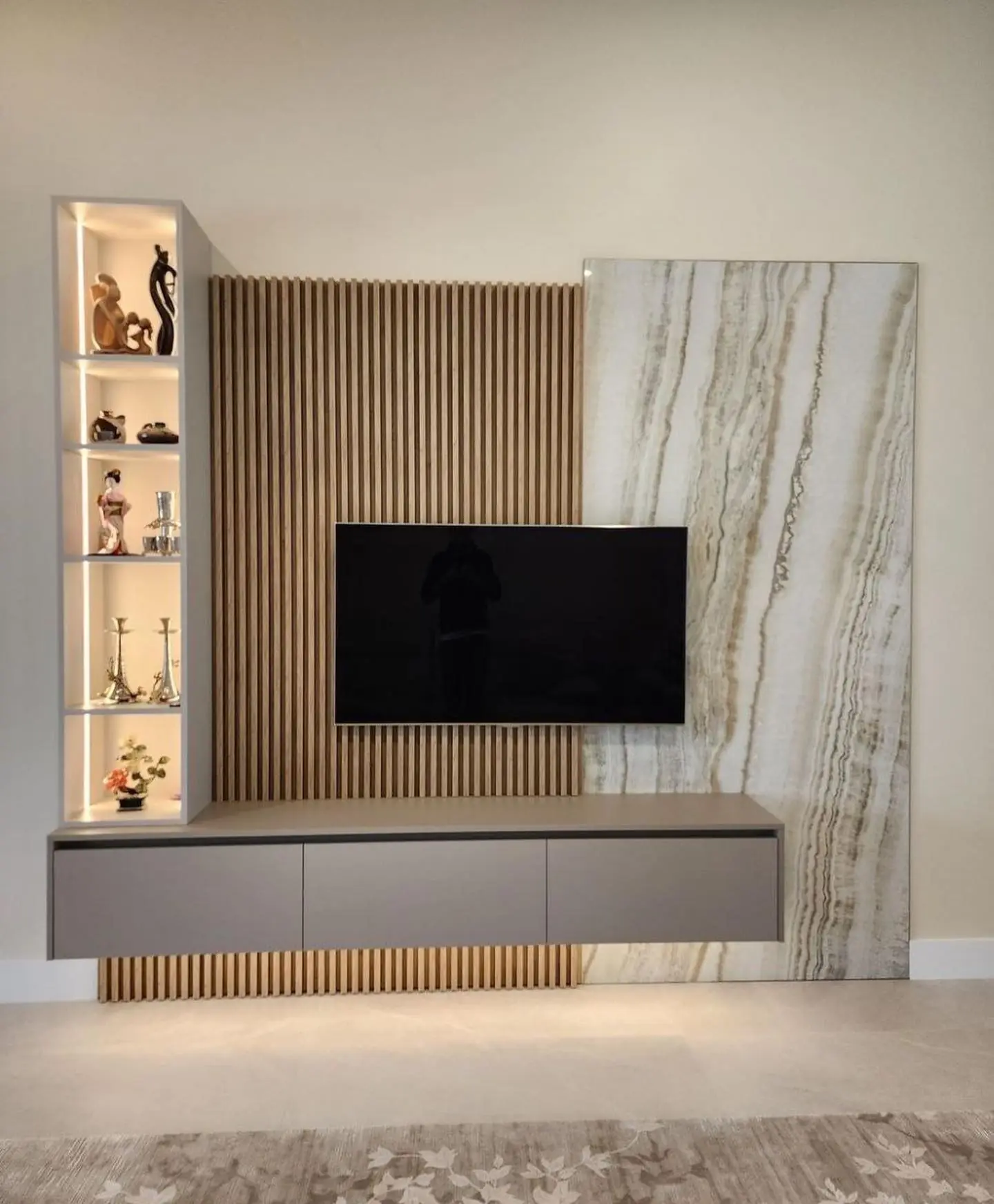 TV Wall Unit with Fluted Panels & Marble Sheets